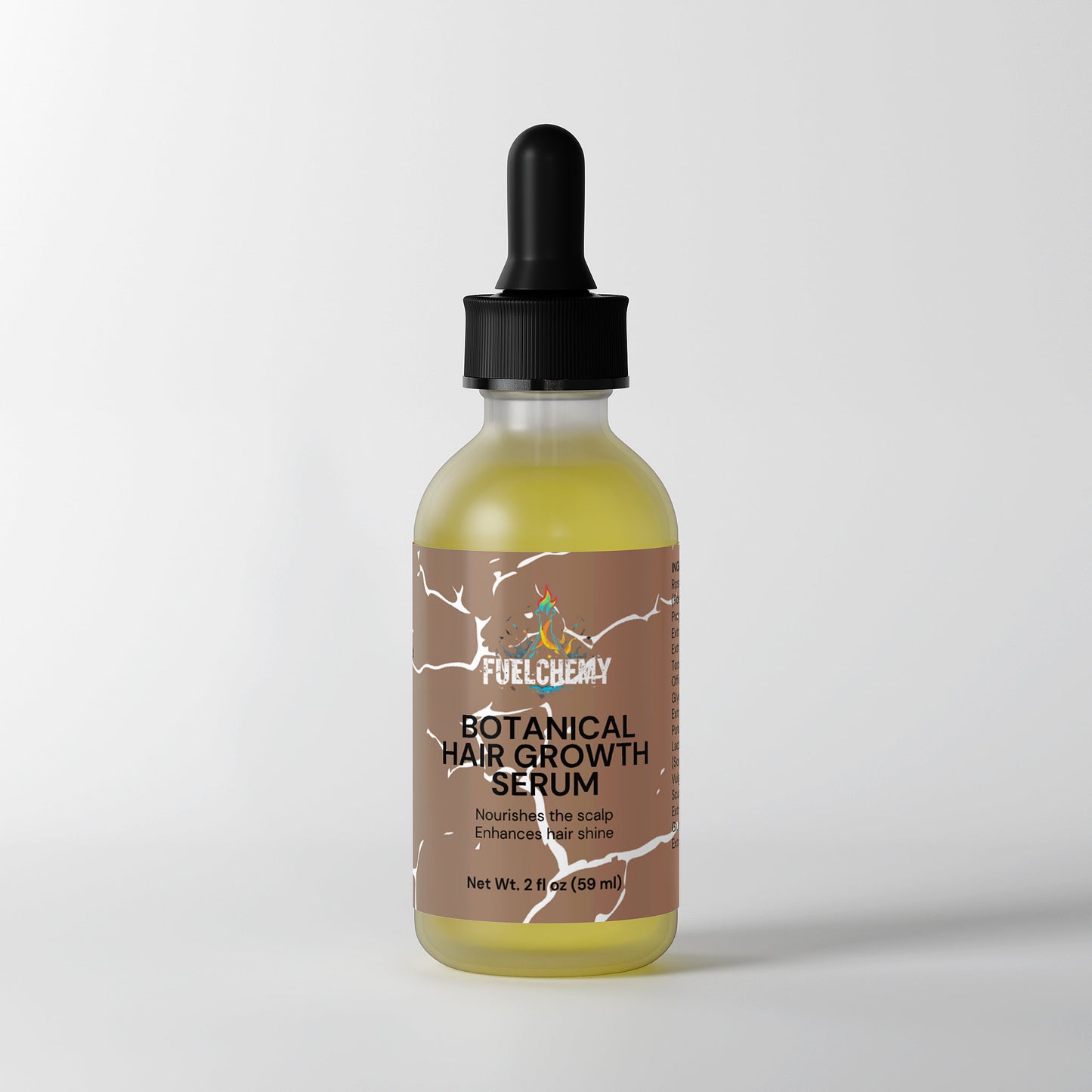 Fuelchemy botanical hair growth serum in a clear bottle with a dropper for scalp nourishment and enhanced shine