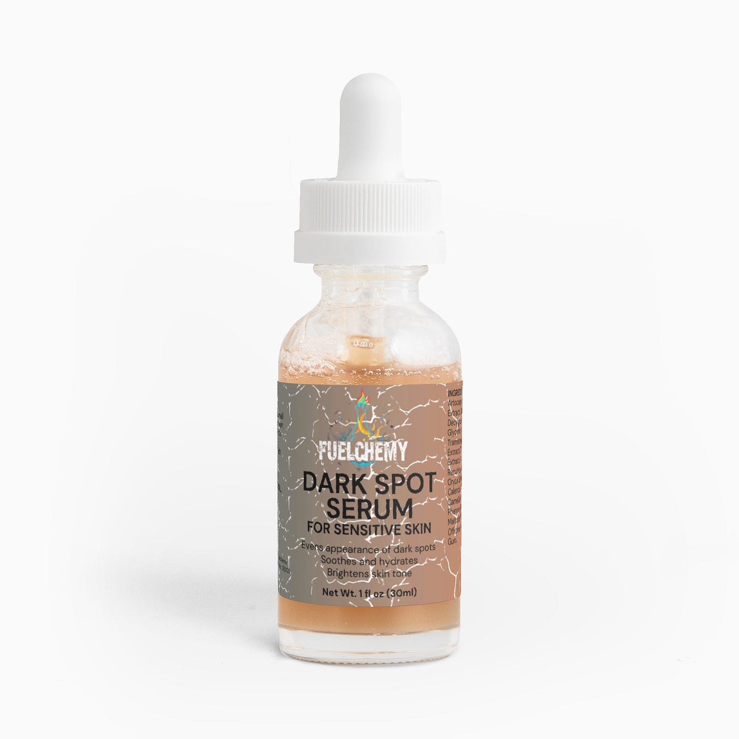 Fuelchemy Dark Spot Serum for Sensitive Skin in a glass dropper bottle to reduce dark spots