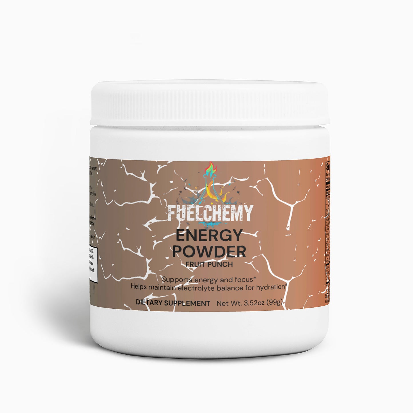 Fuelchemy Fruit Punch Energy Powder in a white container, supports energy and hydration balance