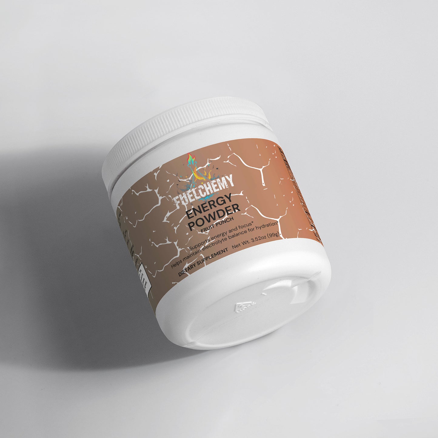 Fuelchemy fruit punch energy powder in a white container for a refreshing energy boost