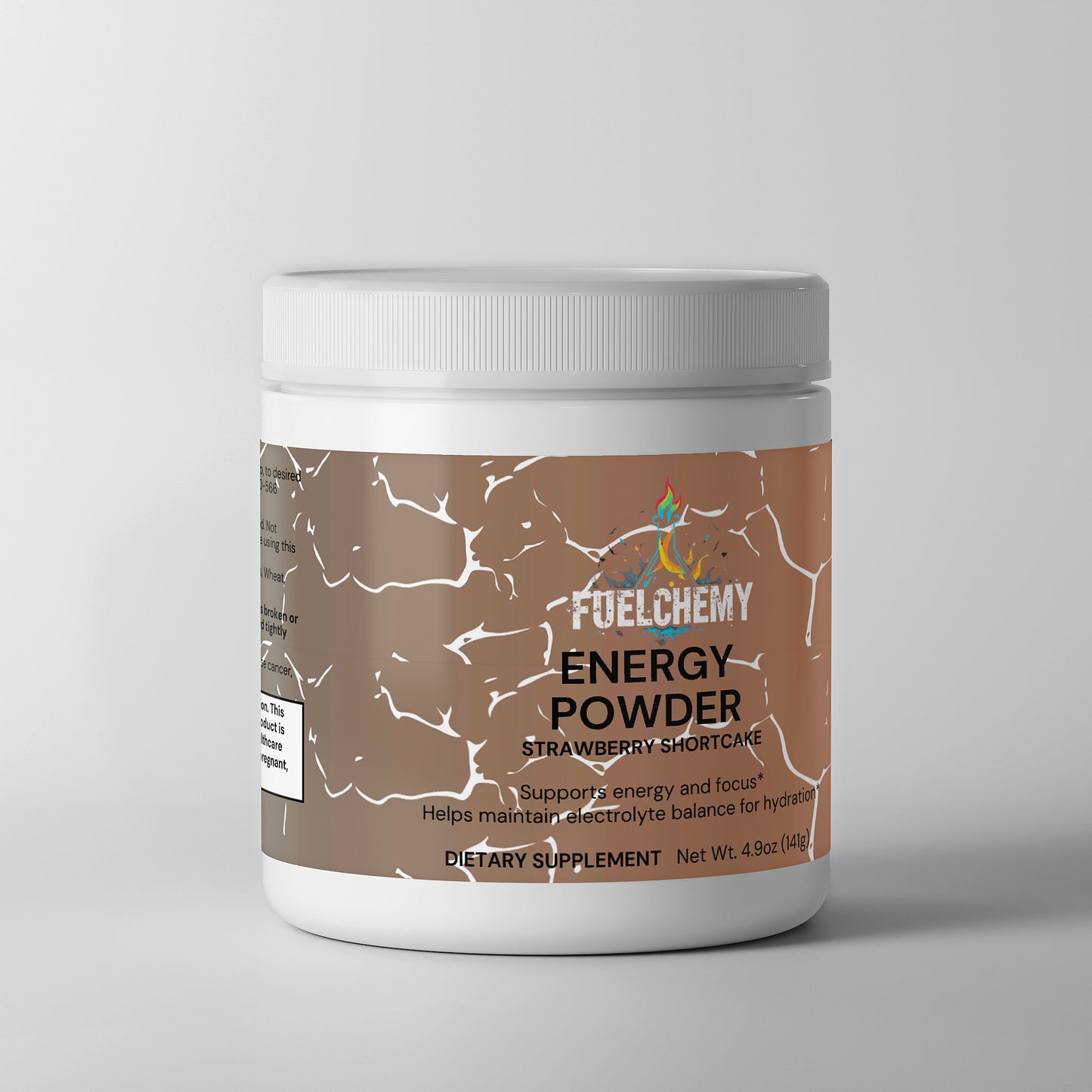 Fuelchemy strawberry shortcake energy powder in a white container for improved energy and focus
