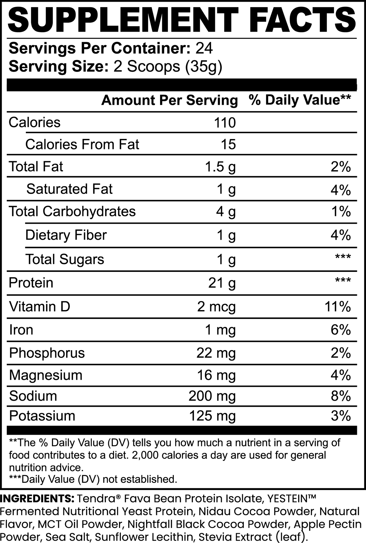 Nutritional information label for Fuelchemy vegan chocolate protein supplement detailing serving size and ingredients