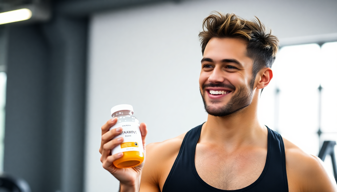 Athletic man in gym attire holding a bottle of Vitamins and protein bottle