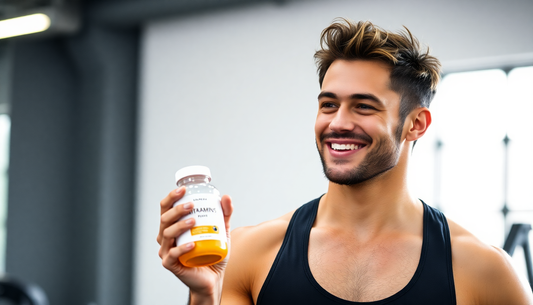 Athletic man in gym attire holding a bottle of Vitamins and protein bottle