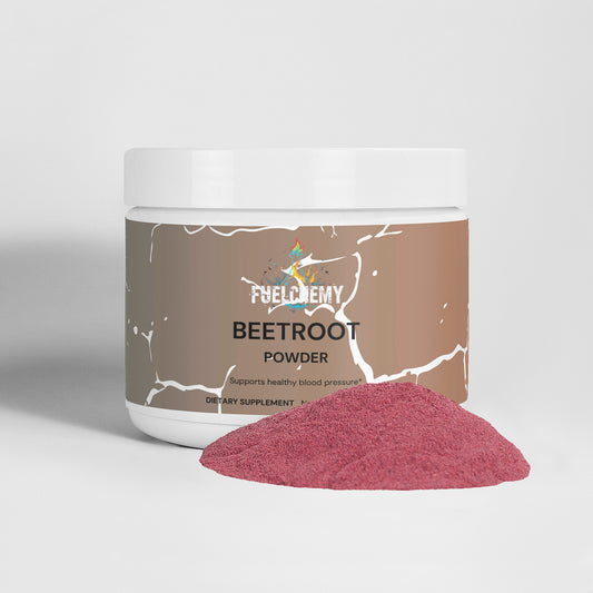 Fuelchemy Beetroot Powder Supplement for Blood Pressure in a Container with Powder Pile