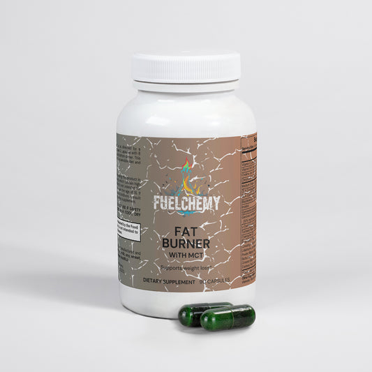 Fuelchemy Fat Burning Capsules in a white bottle with a green capsule for weight loss support