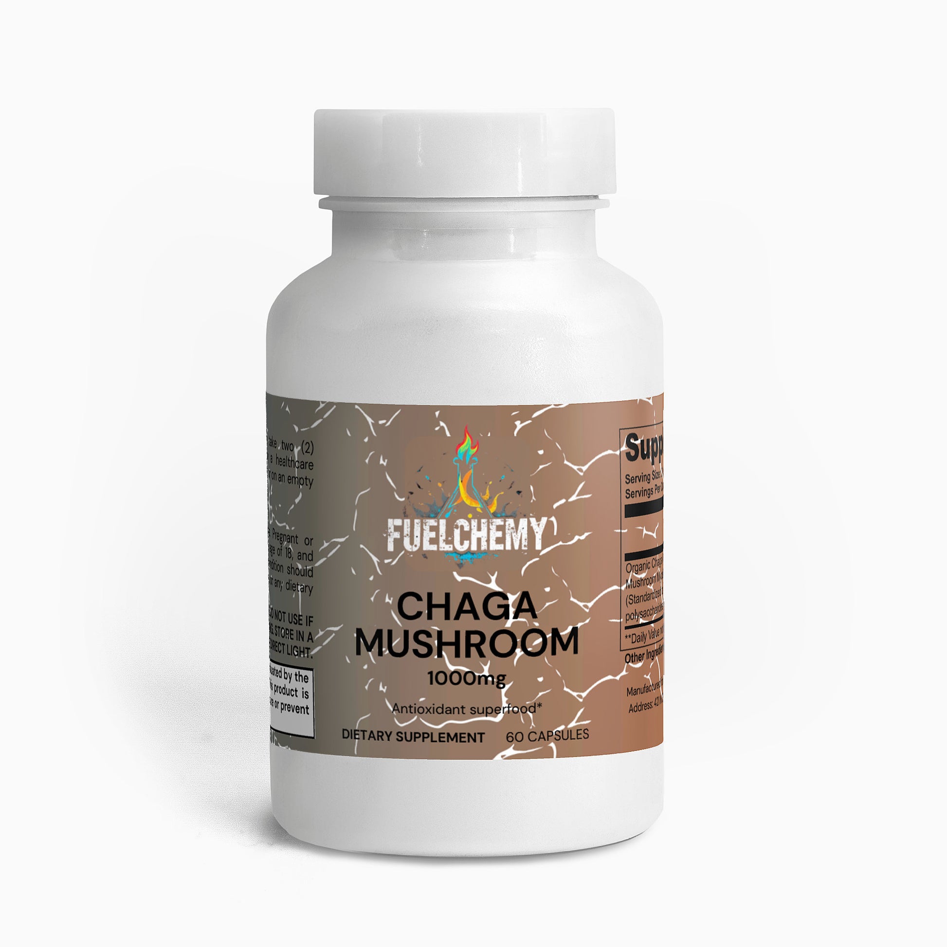 Fuelchemy Chaga mushroom supplement 1000mg in a bottle of 60 dietary capsules for antioxidant support