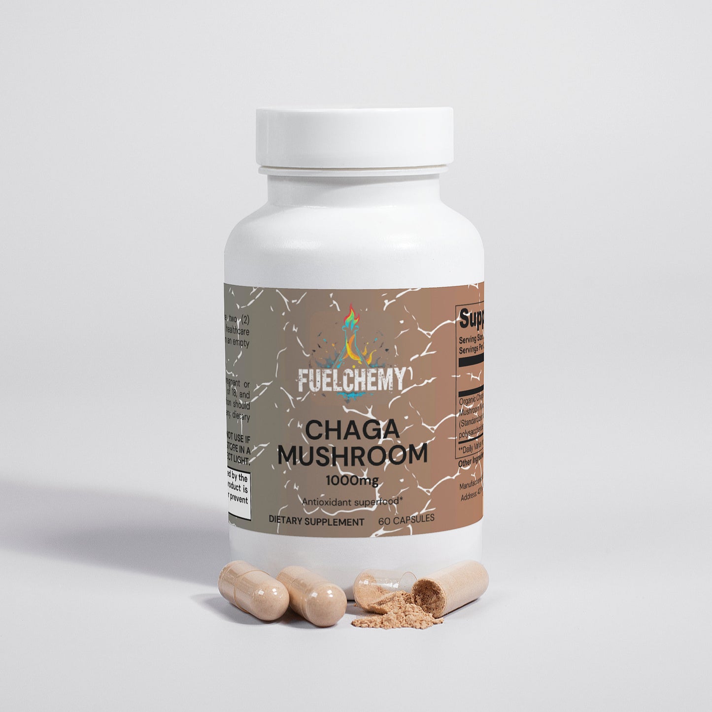 Fuelchemy Chaga Mushroom Supplement 1000mg in a white bottle with capsules and powder visible