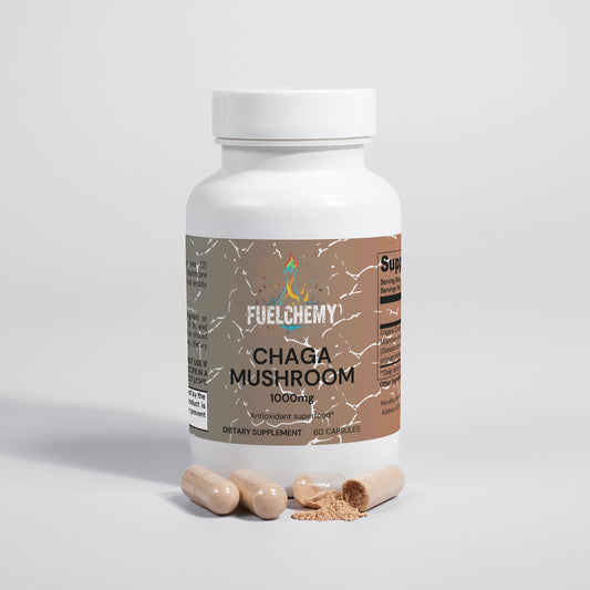 Fuelchemy Chaga Mushroom Supplement 1000mg in a white bottle with capsules and powder visible