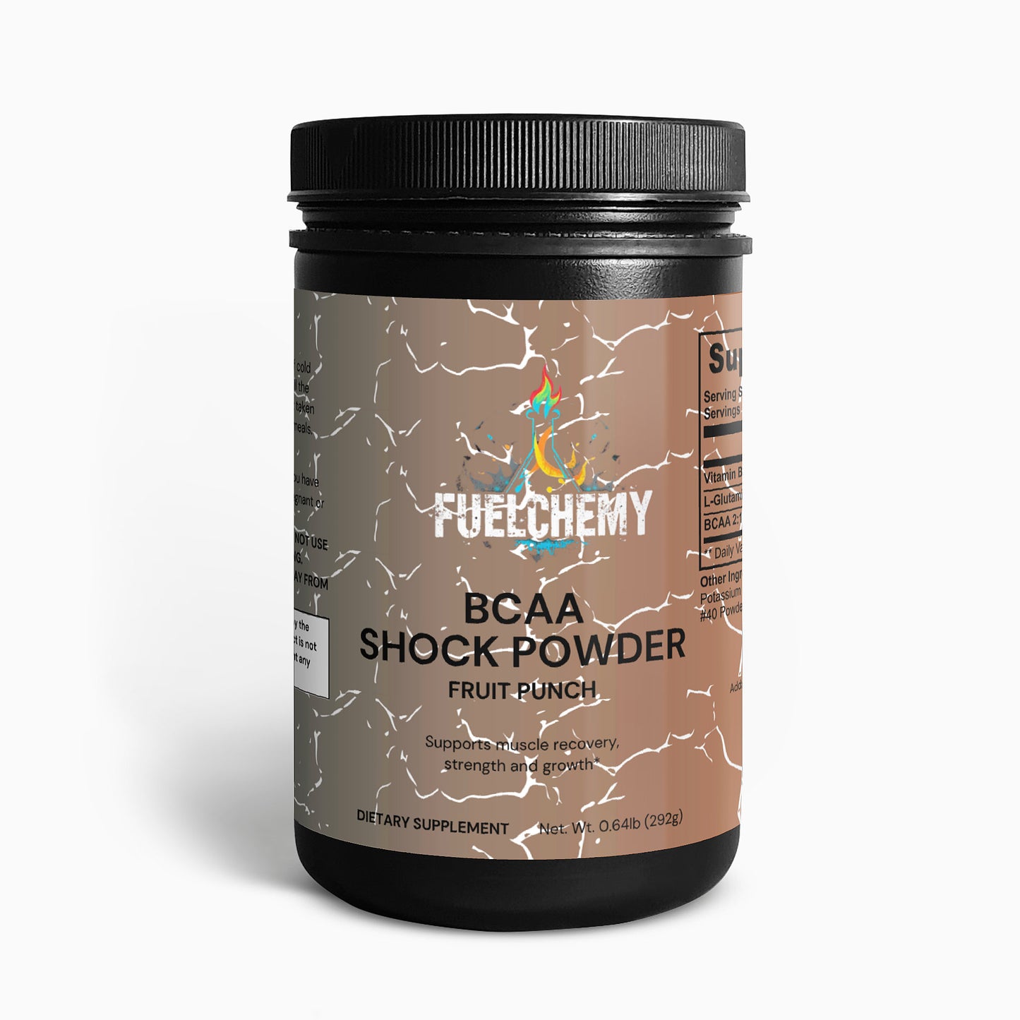 Fuelchemy BCAA Shock Powder in Fruit Punch flavor for muscle recovery and strength support
