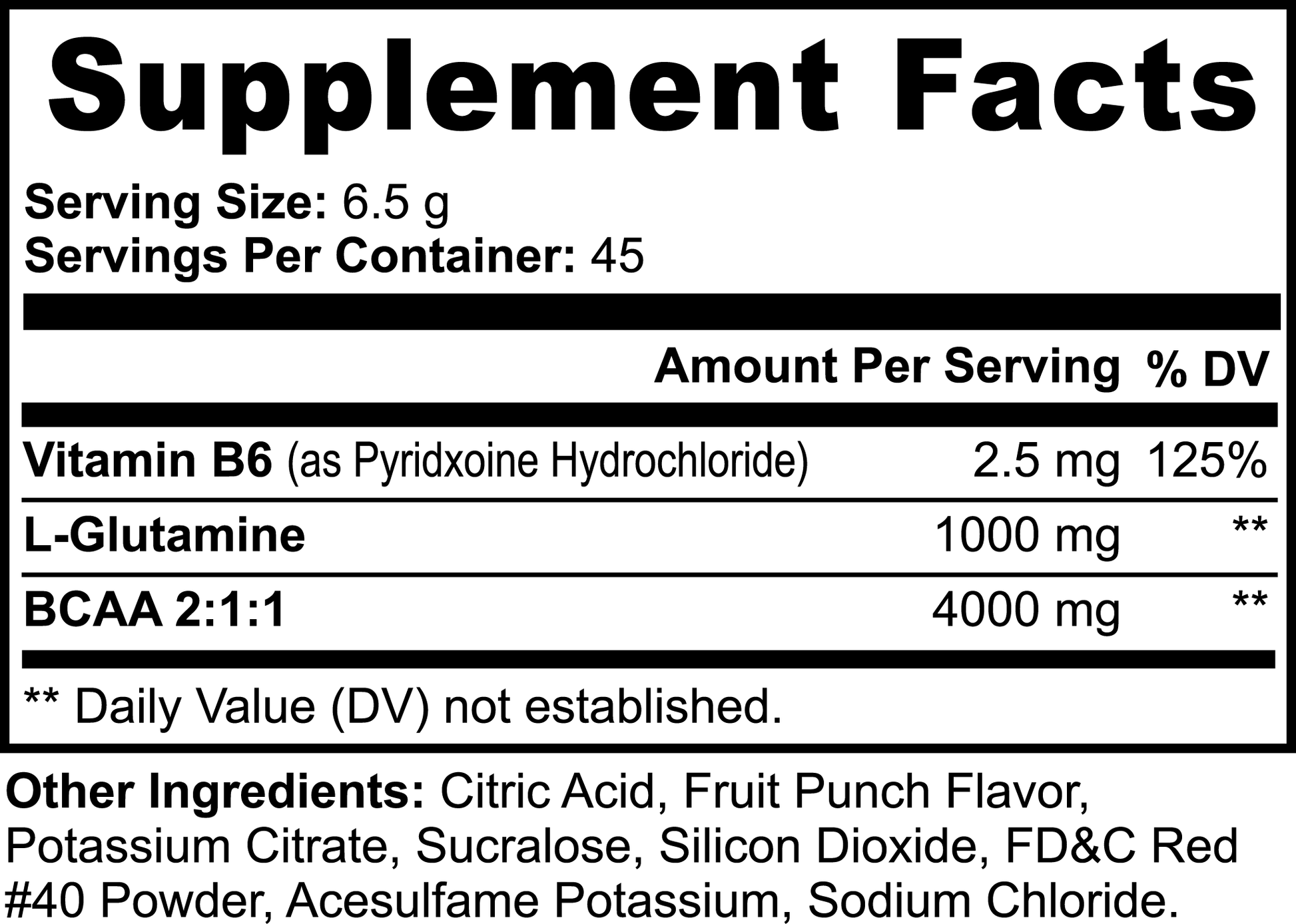 Fuelchemy Fruit Punch BCAA powder supplement facts with vitamins and amino acids information