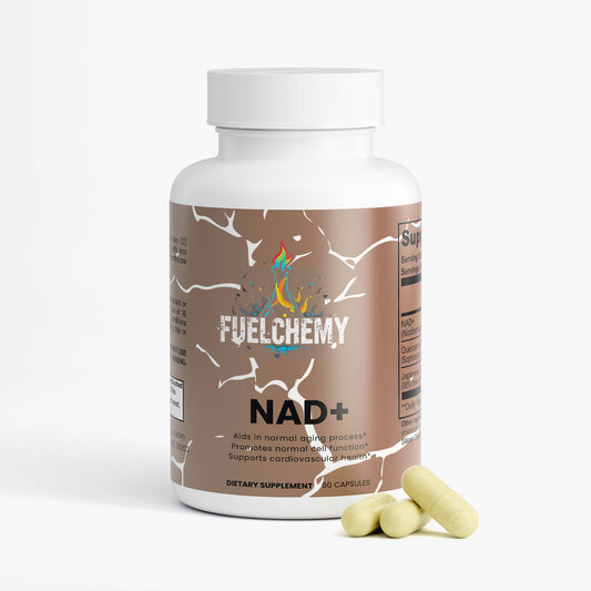 Fuelchemy anti-aging NAD+ capsules in a white bottle with yellow capsules for health support