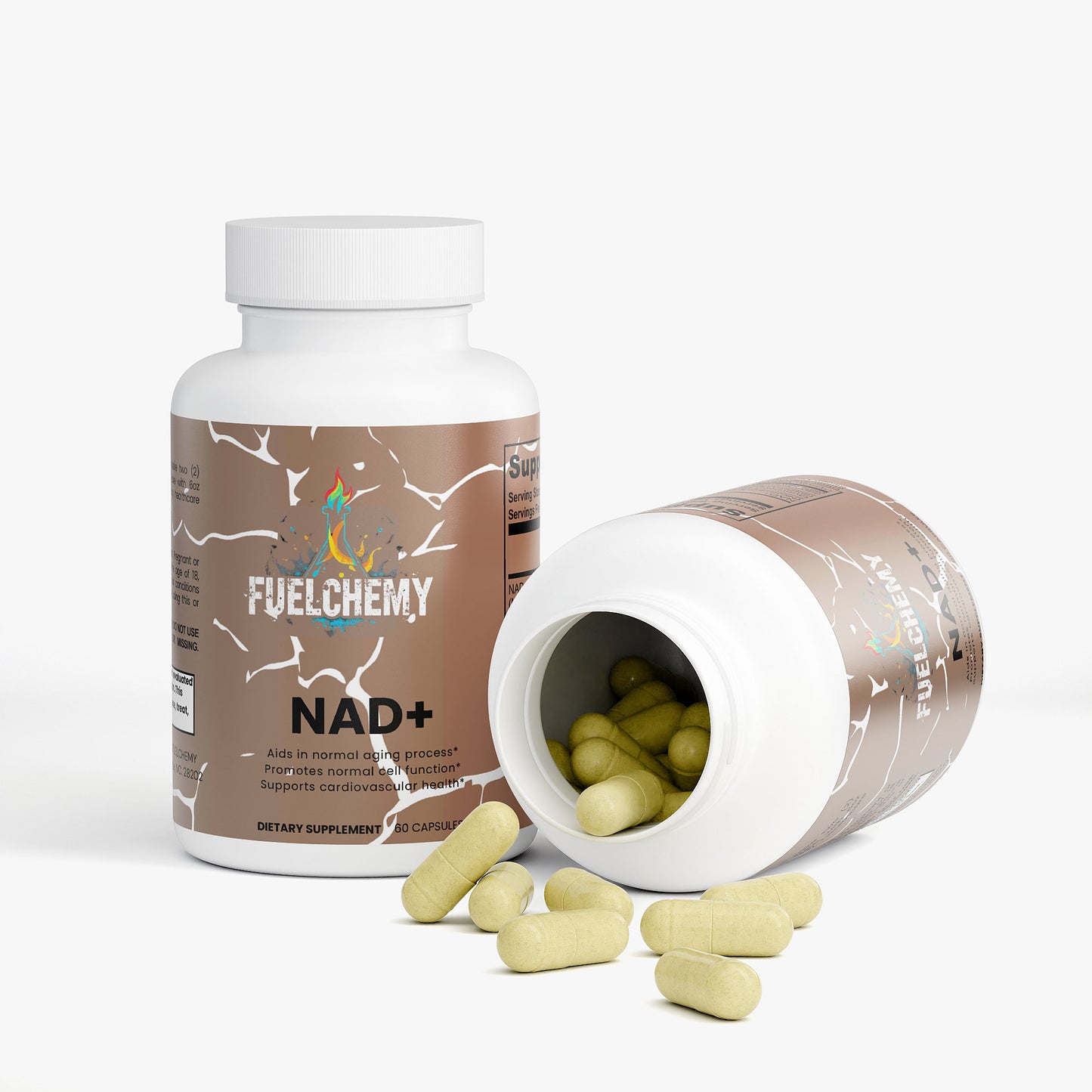 Fuelchemy anti-aging NAD+ capsules in a bottle with some capsules spilled out for dietary support