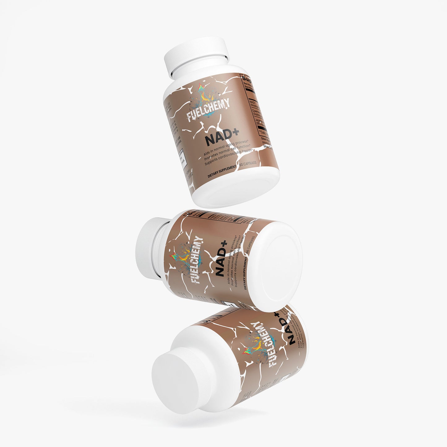 Fuelchemy anti-aging NAD+ capsules in brown bottles designed to support vitality and wellness