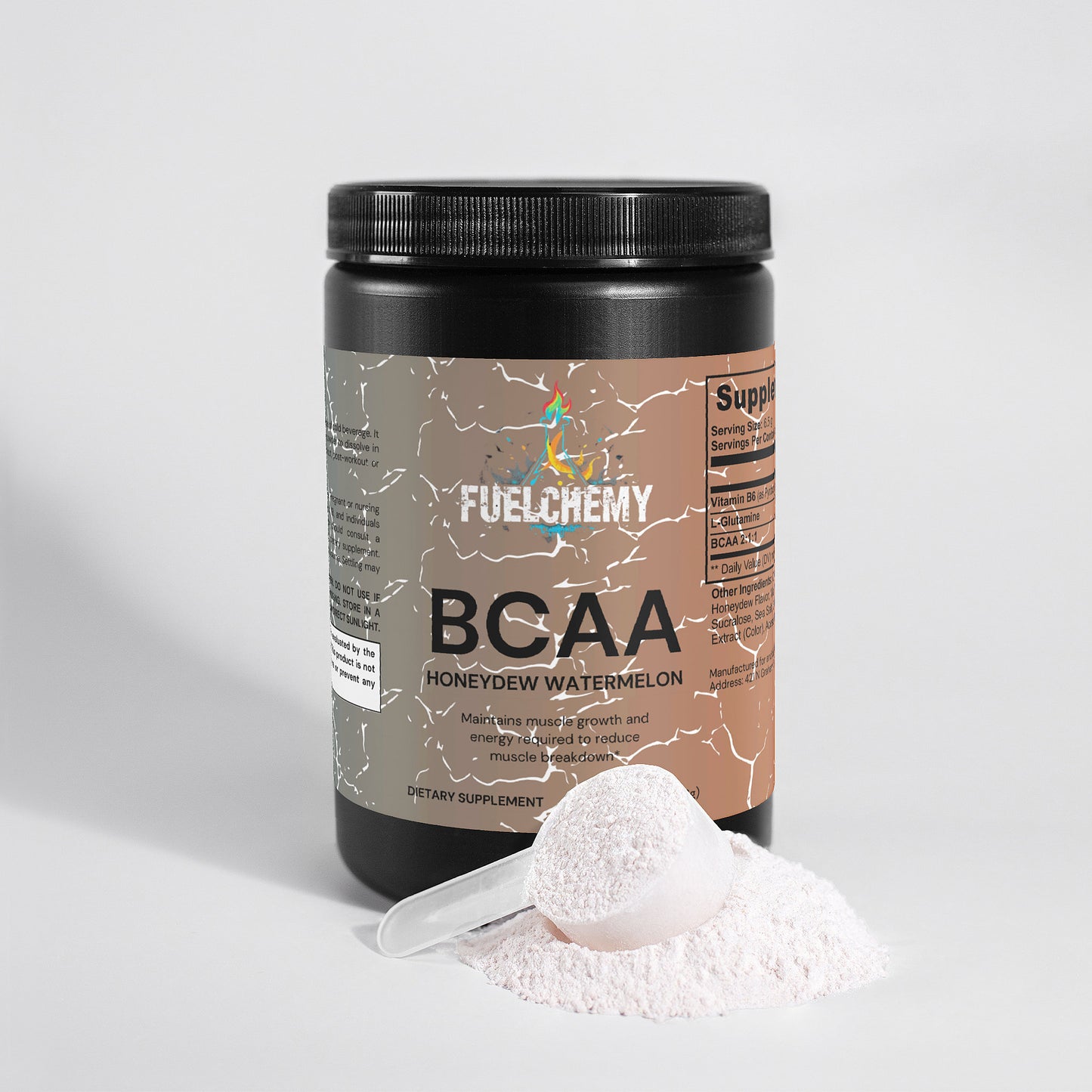 Fuelchemy BCAA post workout supplement in Honeydew Watermelon flavor with a scoop for easy serving