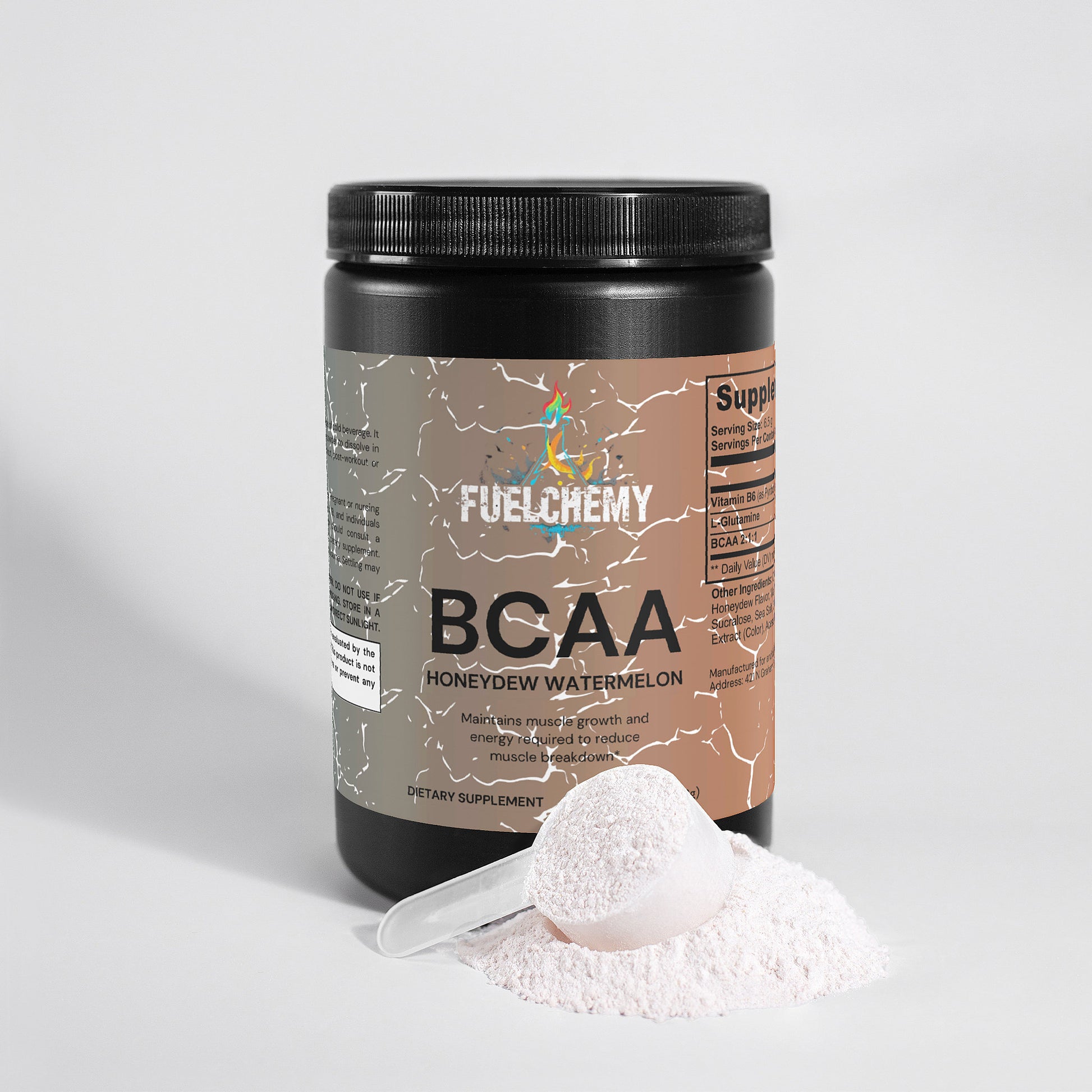 Fuelchemy BCAA post workout supplement in Honeydew Watermelon flavor with a scoop for easy serving