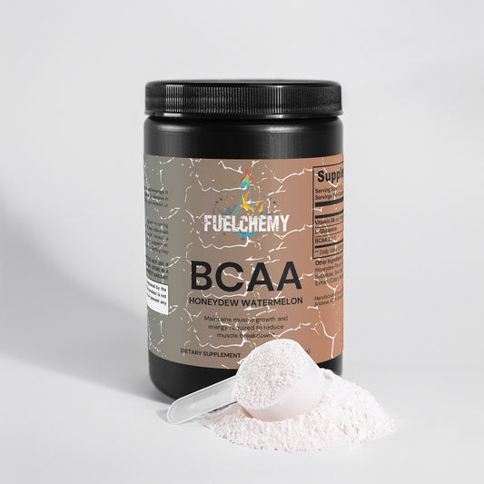 Fuelchemy BCAA post workout supplement in Honeydew Watermelon flavor with a scoop for easy serving