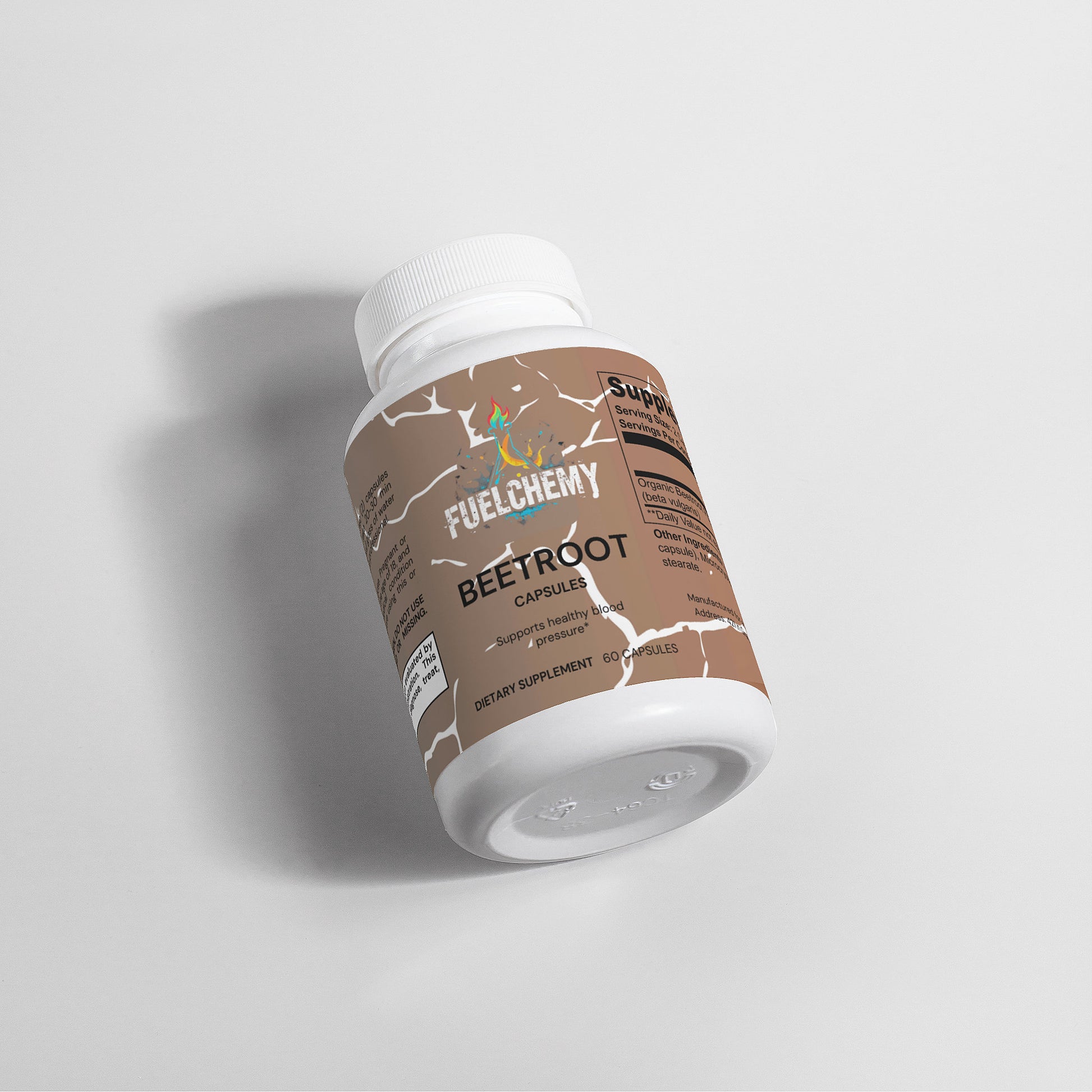Fuelchemy beetroot capsules supplement in a white bottle for enhanced health and energy support