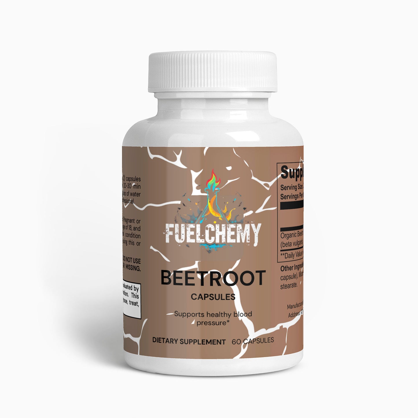 Fuelchemy beetroot capsules supplement in a 60-capsule bottle for healthy blood pressure support