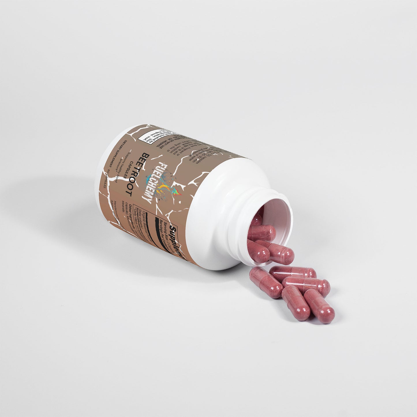 Fuelchemy Beetroot Capsules Supplement Bottle with Opened Capsules Spilled Out