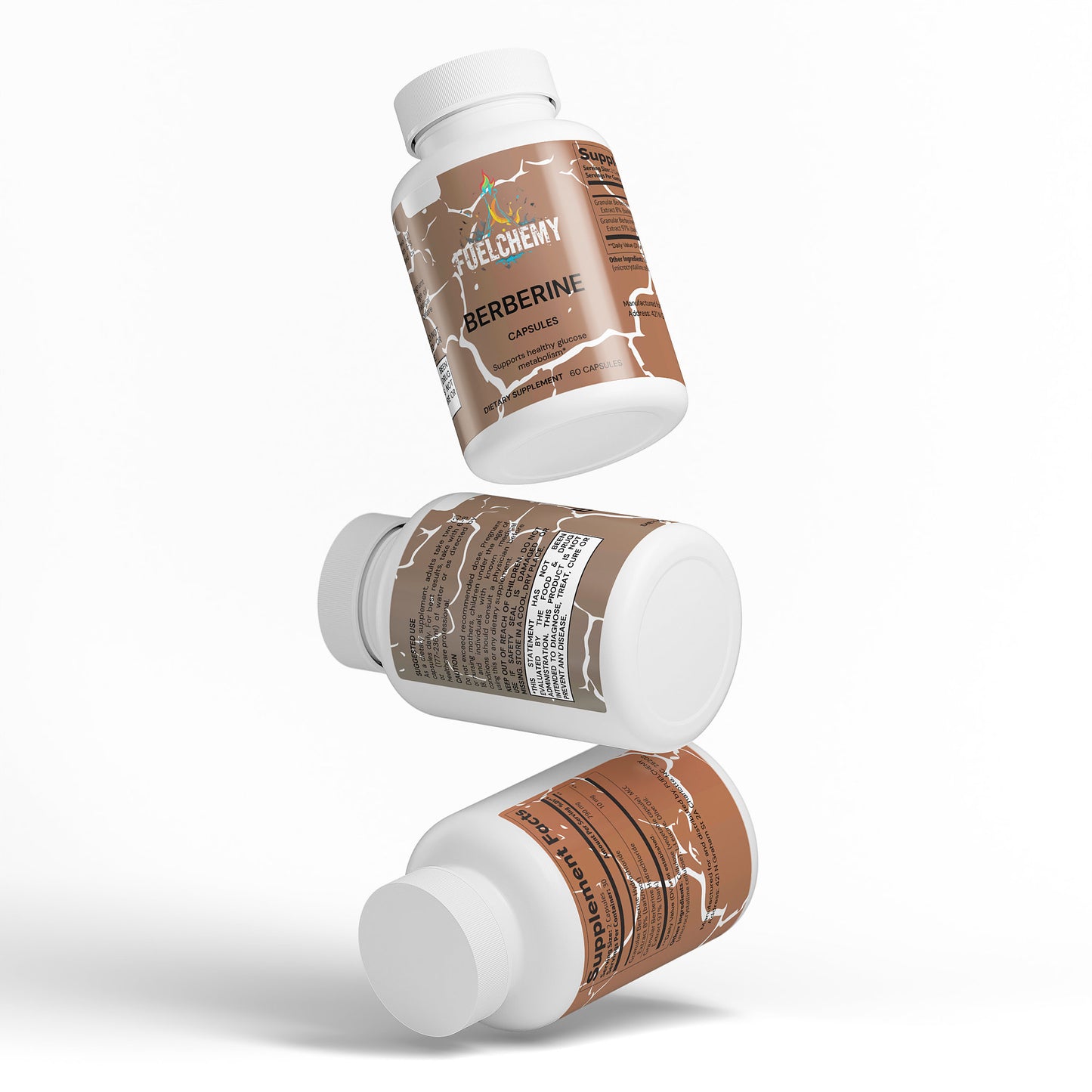 Fuelchemy Berberine capsules for metabolism in three floating bottles with clear labels