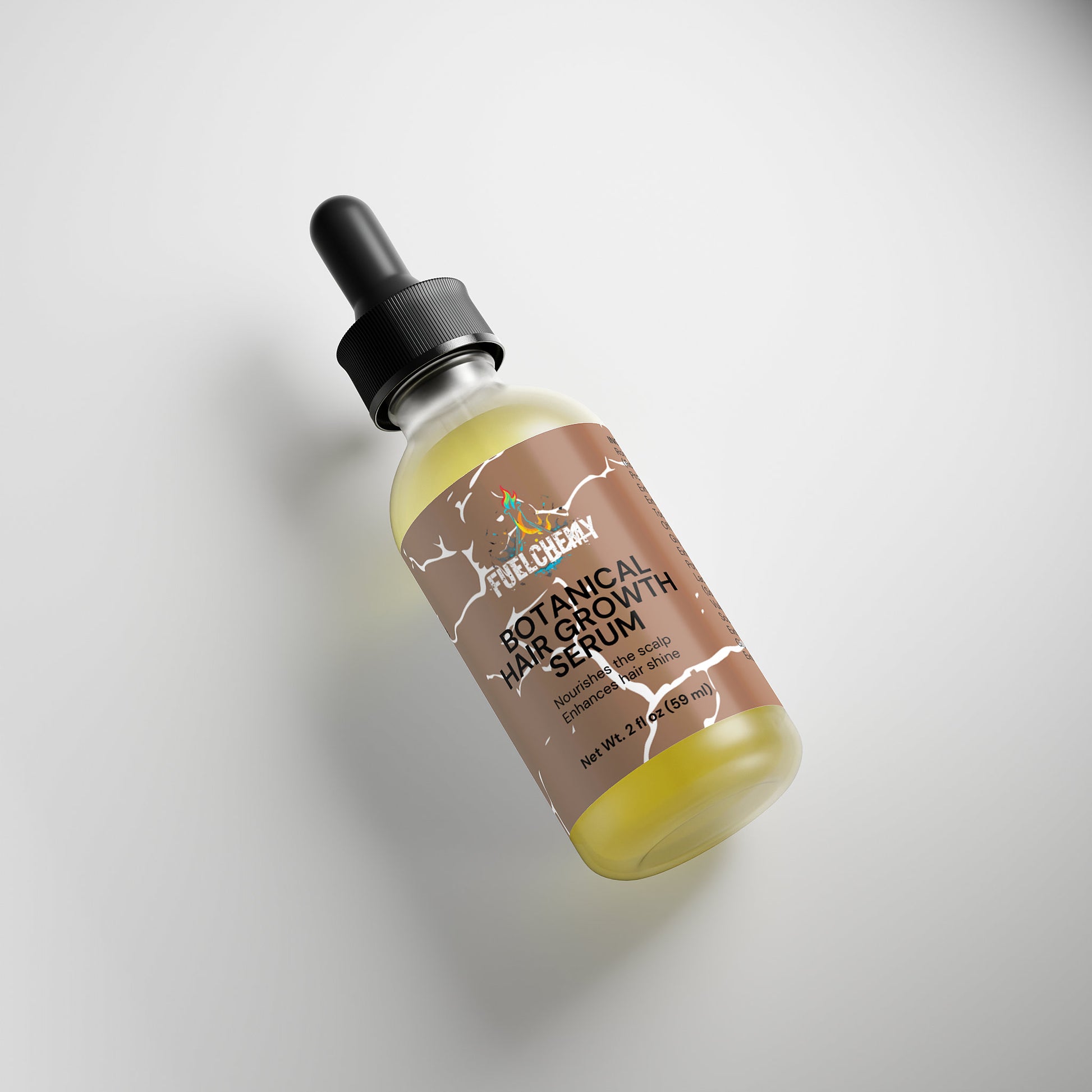 Fuelchemy botanical hair growth serum in a dropper bottle for promoting healthy hair