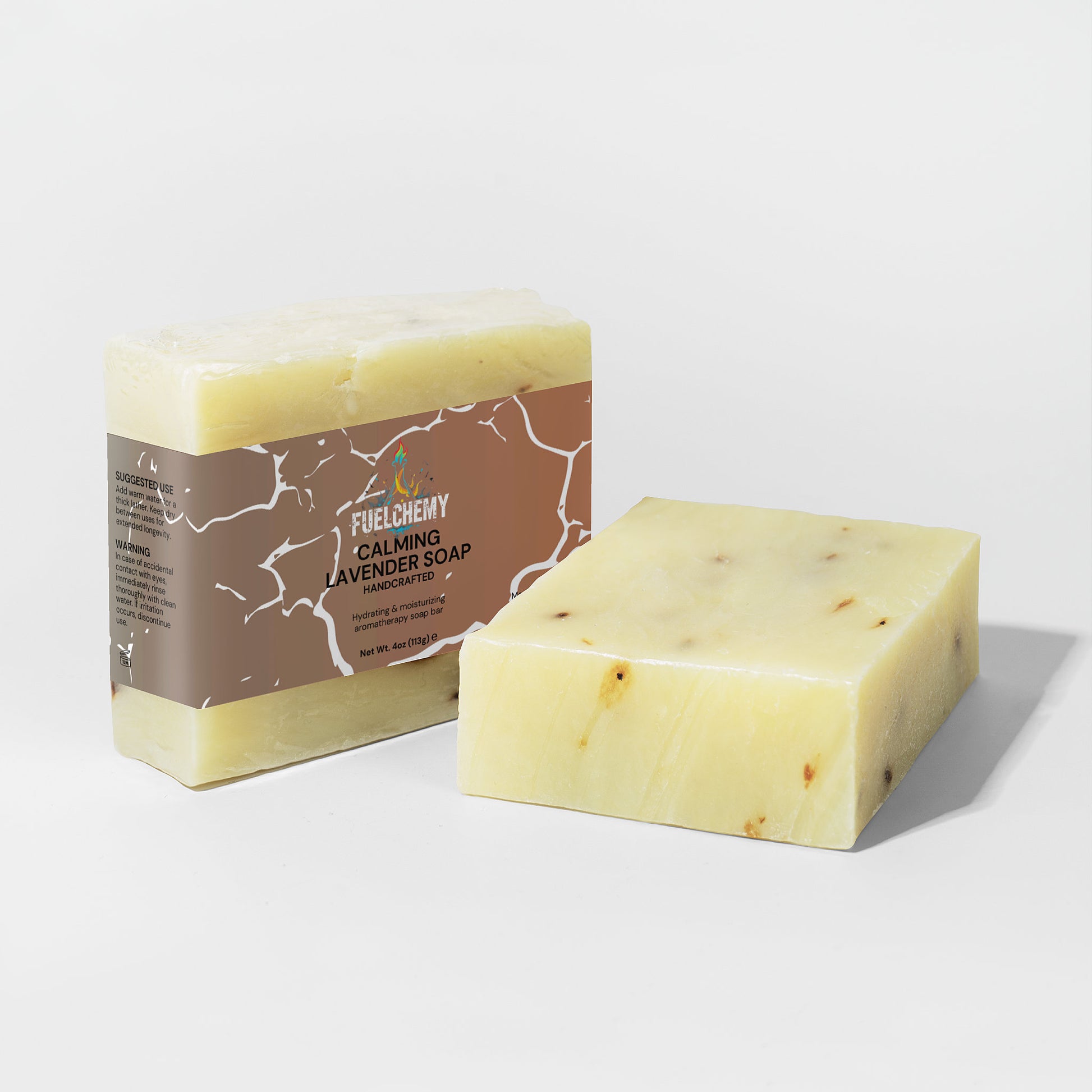 Fuelchemy calming lavender soap bar in natural packaging with soothing lavender scent
