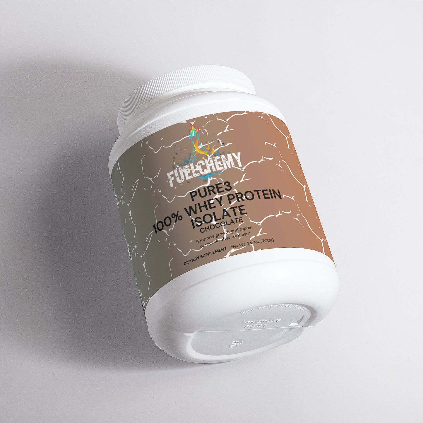 Fuelchemy Chocolate Whey Protein Isolate in a white container for muscle recovery and fitness