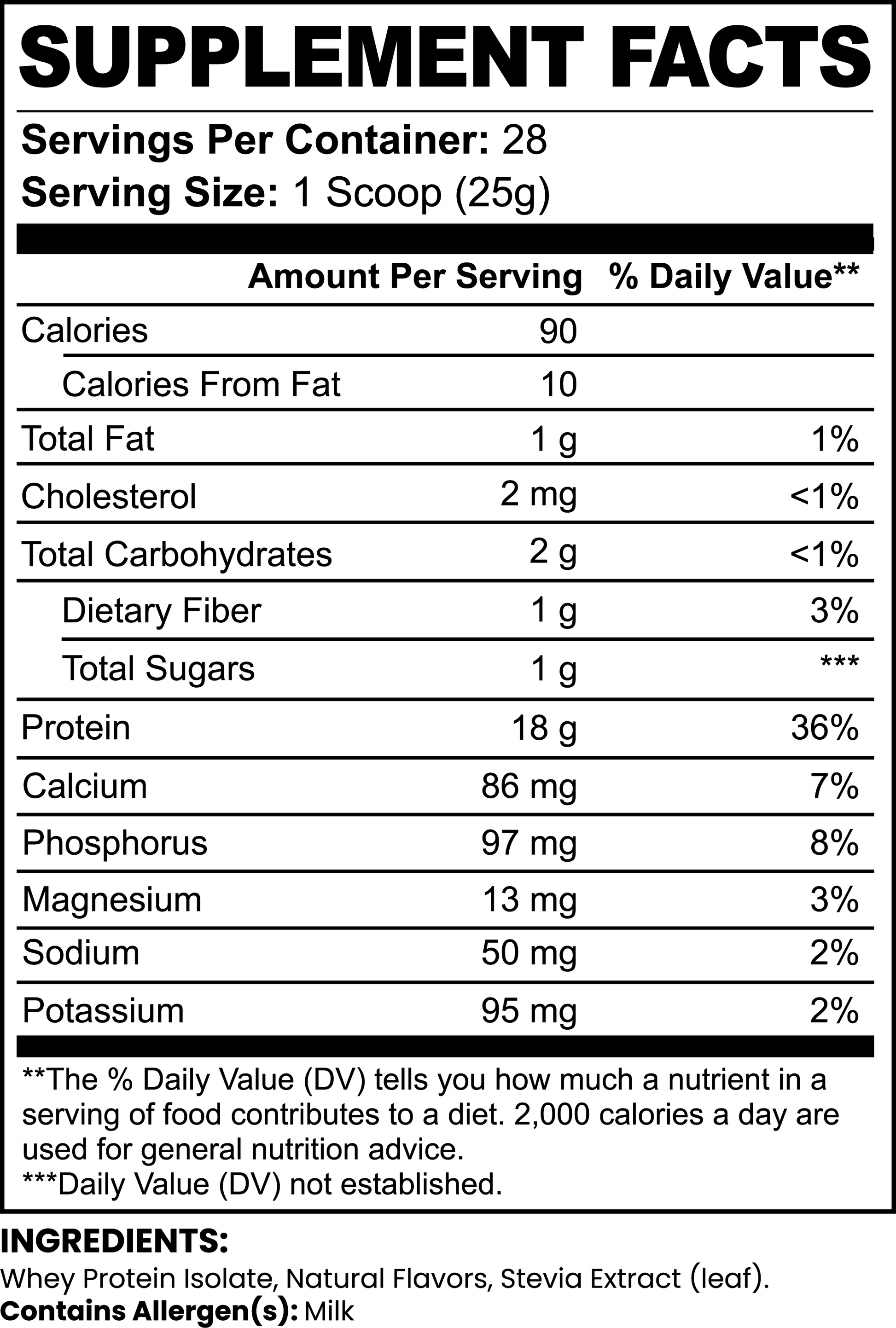 Fuelchemy Chocolate Whey Protein Isolate Supplement Facts with Nutritional Information and Ingredients