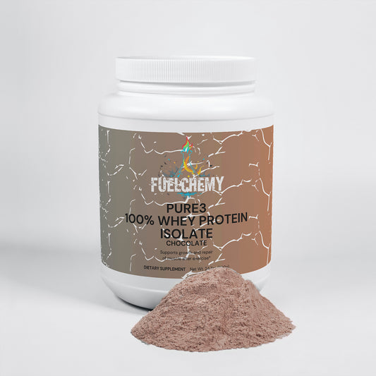 Fuelchemy Pure3 100% Chocolate Whey Protein Isolate in a white container with protein powder spill