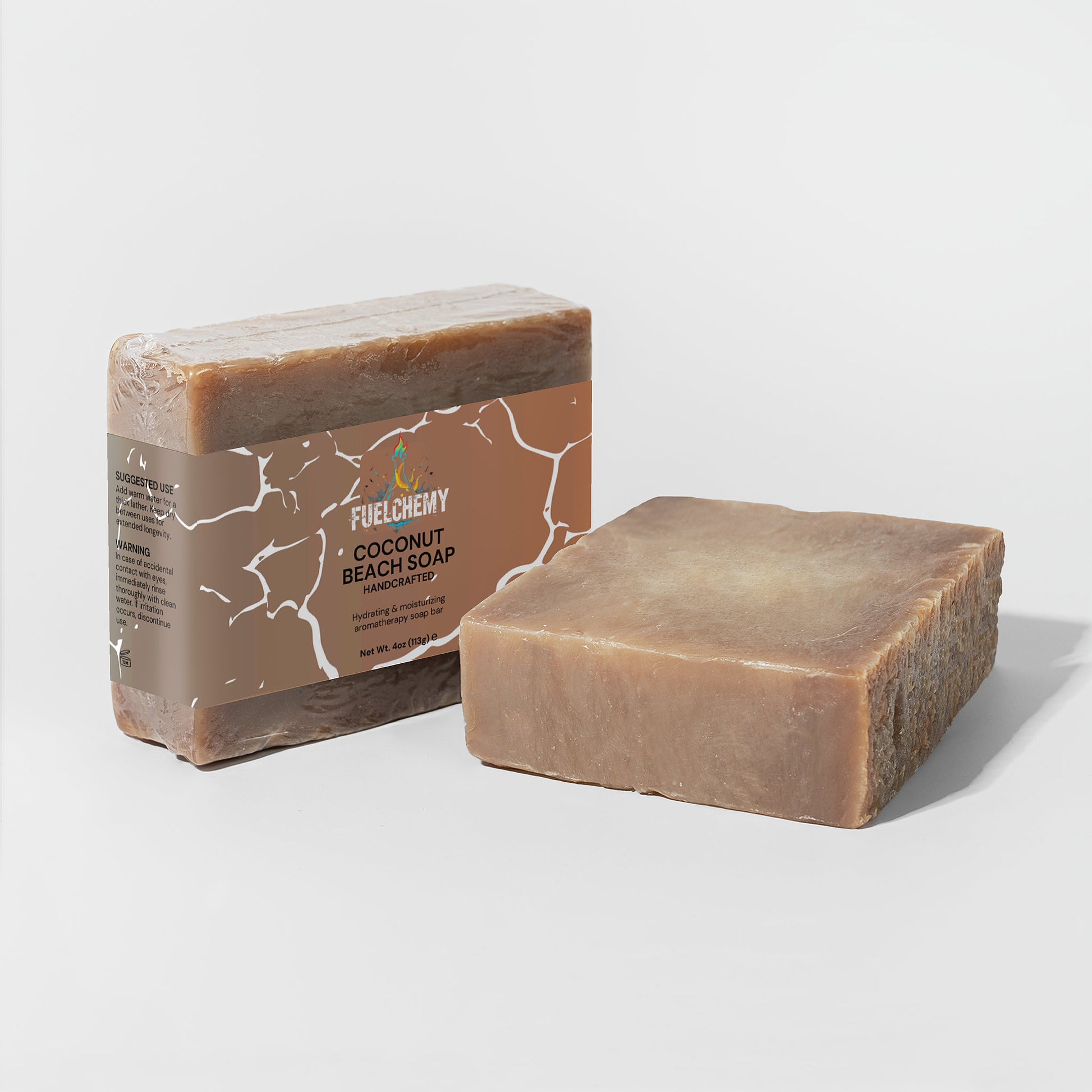 Fuelchemy coconut beach soap bar in packaging with a solid rectangular soap piece for natural skincare