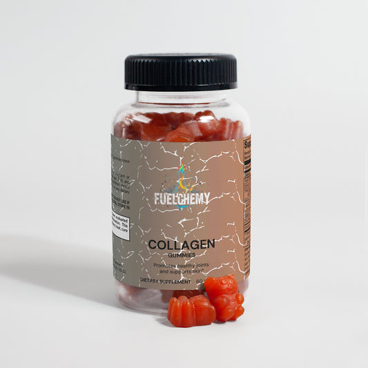 Fuelchemy collagen gummies for adults in a clear bottle for healthy skin and joints