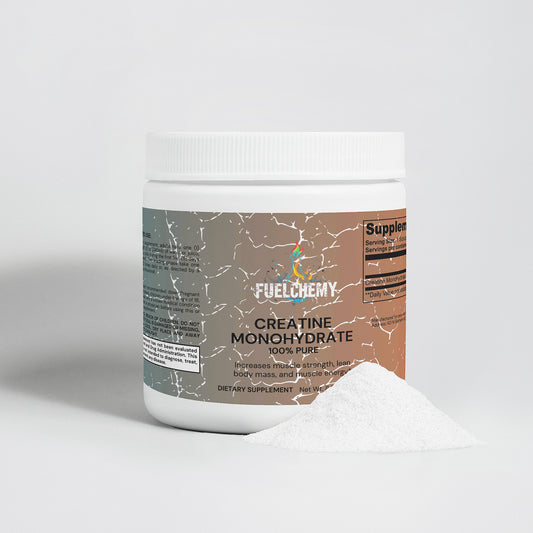 Fuelchemy Creatine Monohydrate for athletes in a white tub with powder on the side for enhanced performance