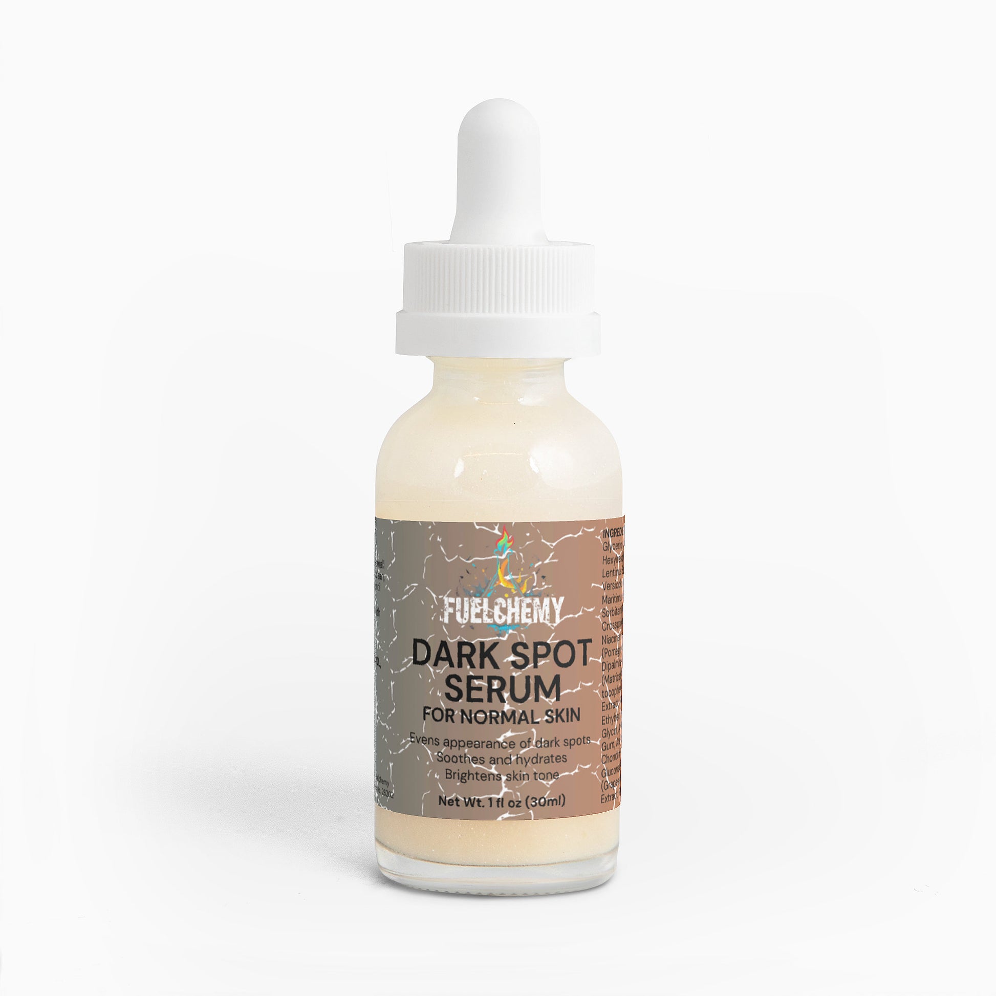Fuelchemy Dark Spot Serum for Normal Skin in a glass dropper bottle for targeting dark spots