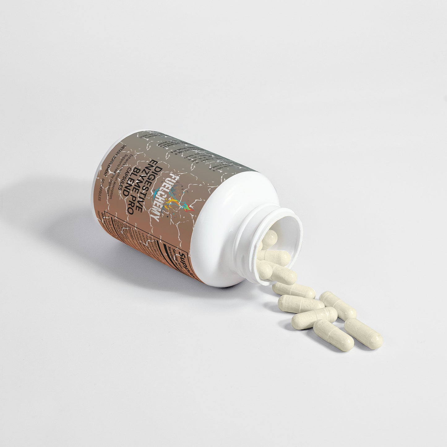 Fuelchemy Digestive Enzyme Supplement with capsules spilling from the container on a white background