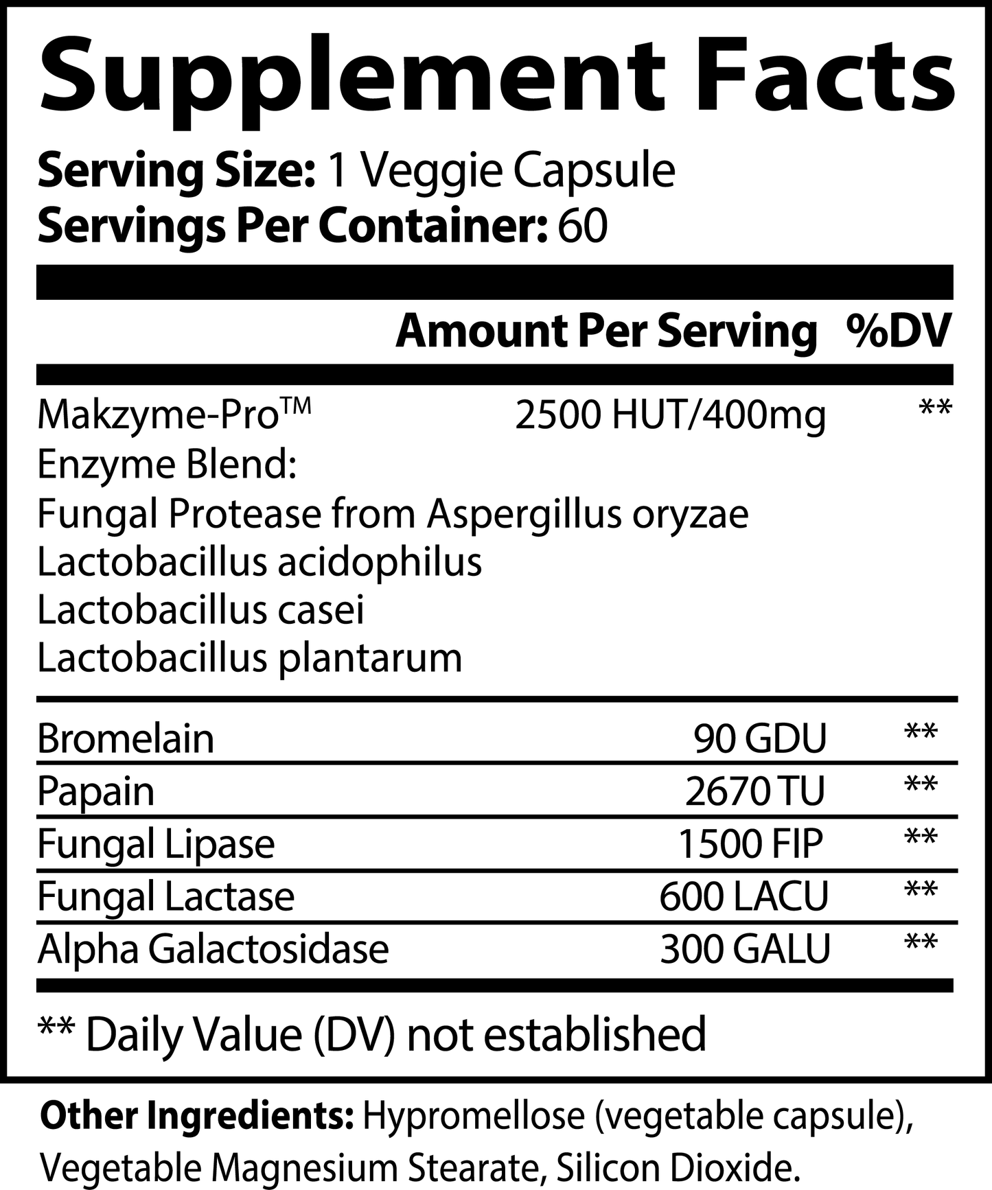 Fuelchemy Digestive Enzyme Supplement Supplement Facts for Makzyme-Pro in a veggie capsule format