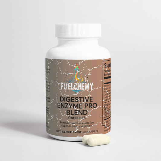 Fuelchemy Digestive Enzyme Supplement Pro Blend in white bottle with 60 capsules for enhanced digestion