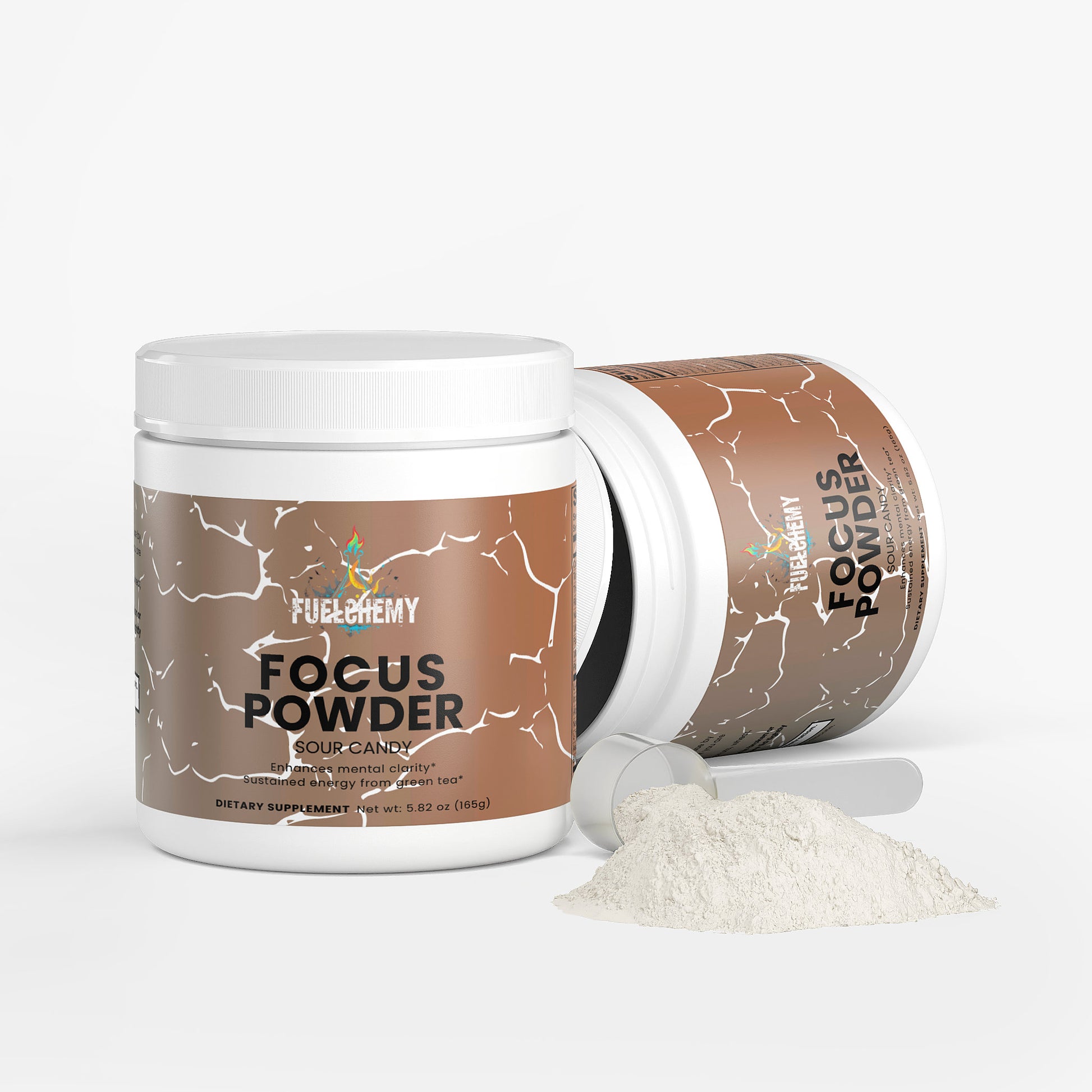 Fuelchemy Focus Powder Sour Candy Amino Acid Blend in a white container with measuring scoop
