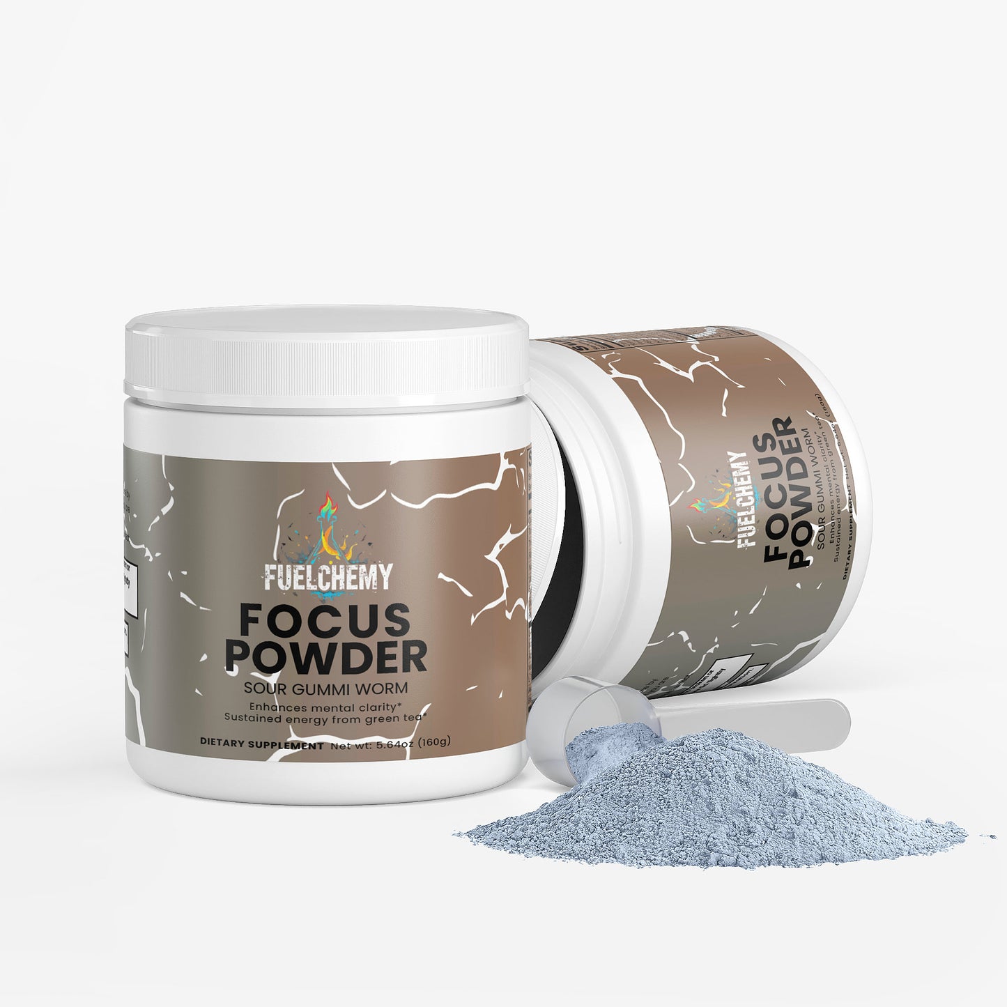 Fuelchemy Focus Powder Supplement in Sour Gummi Worm Flavor with a scoop of blue powder