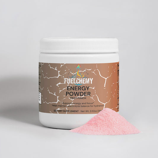 Fuelchemy Fruit Punch Energy Powder in a white container for hydration and focus support
