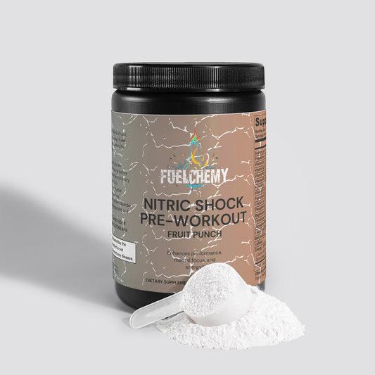 Fuelchemy Nitric Shock Pre-Workout Fruit Punch, a high performance workout supplement for energy and endurance