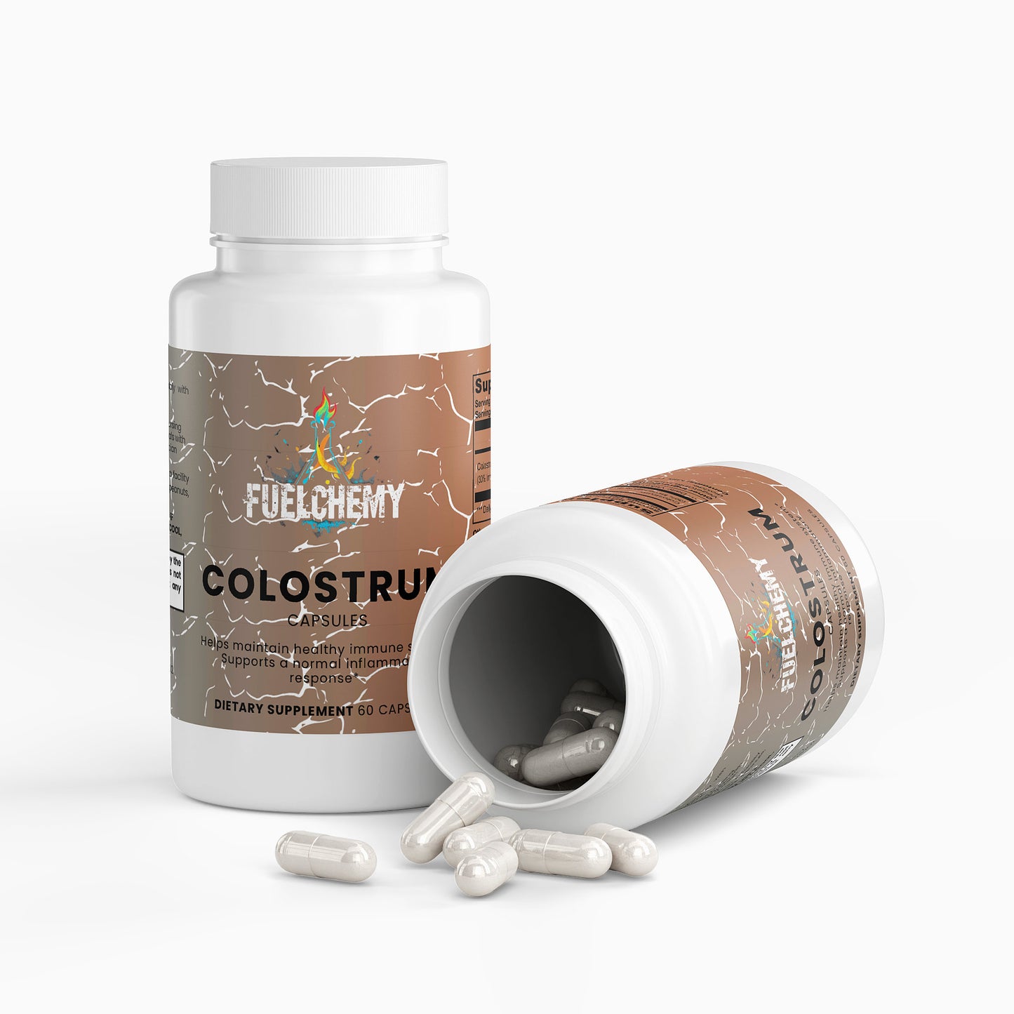 Fuelchemy Colostrum Capsules for immune support supplements with visible capsules spilled from the bottle