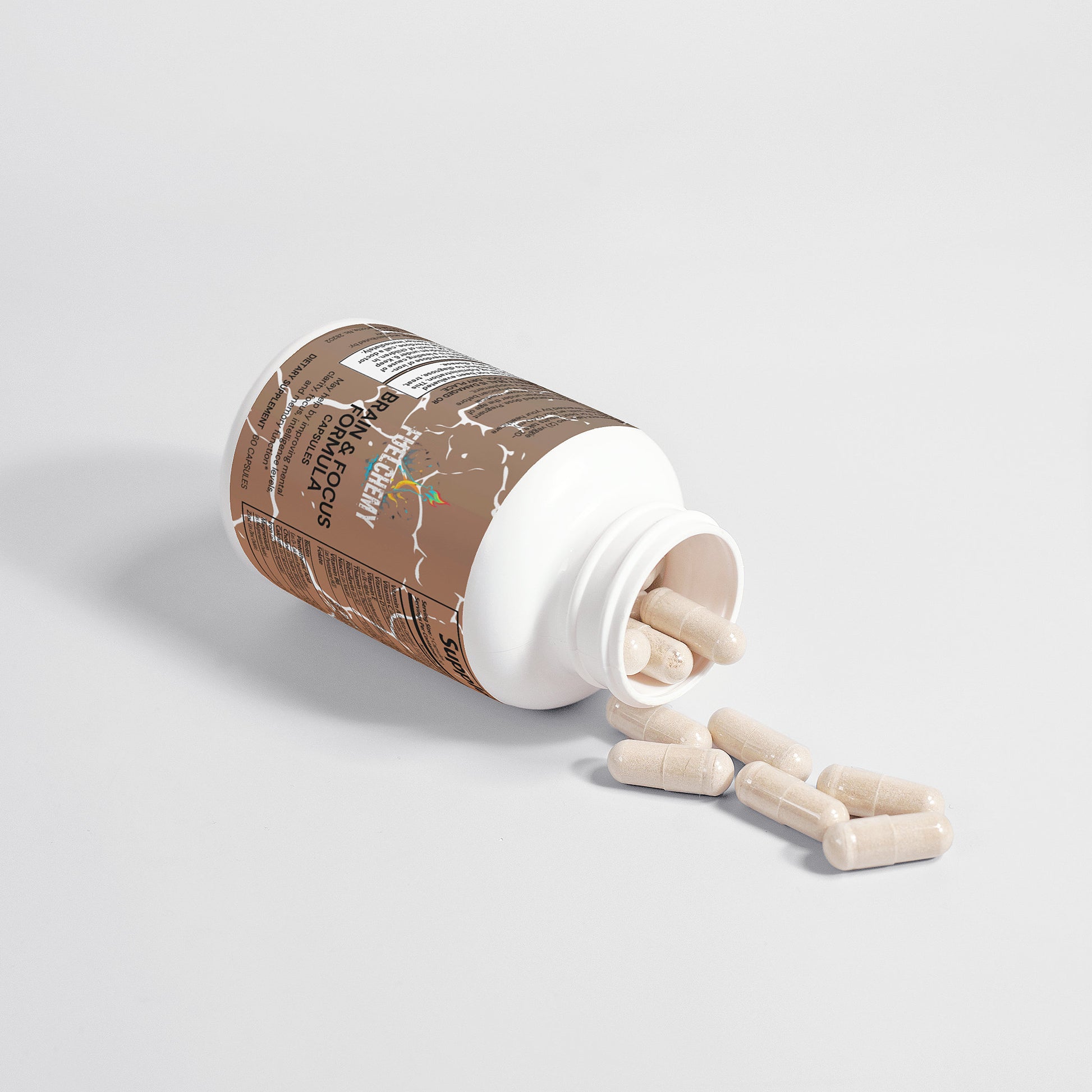 Fuelchemy improve concentration supplements bottle with capsules spilling out, designed for enhanced focus