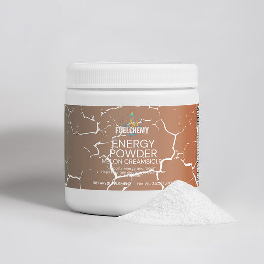 Fuelchemy Energy Powder in Melon Creamsicle flavor for a refreshing melon flavored energy boost