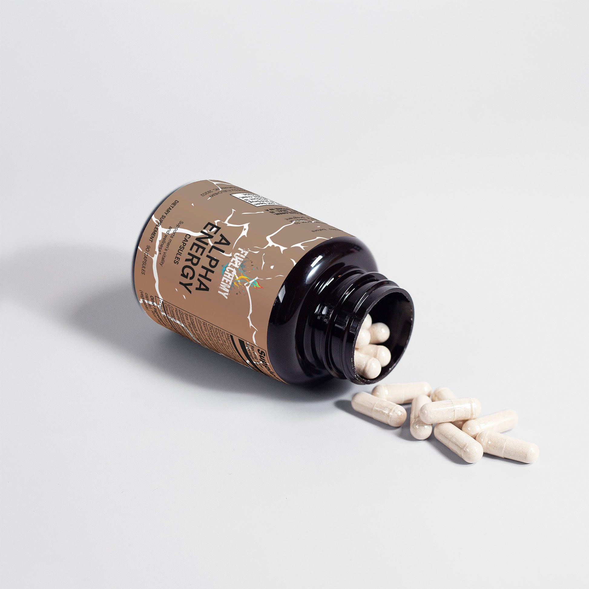 Fuelchemy men's vitality capsules in a brown bottle with pills spilling out, promoting energy and vitality