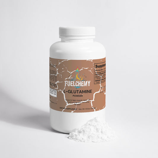 Fuelchemy L-Glutamine Powder for muscle recovery with a white powder texture and supplement label