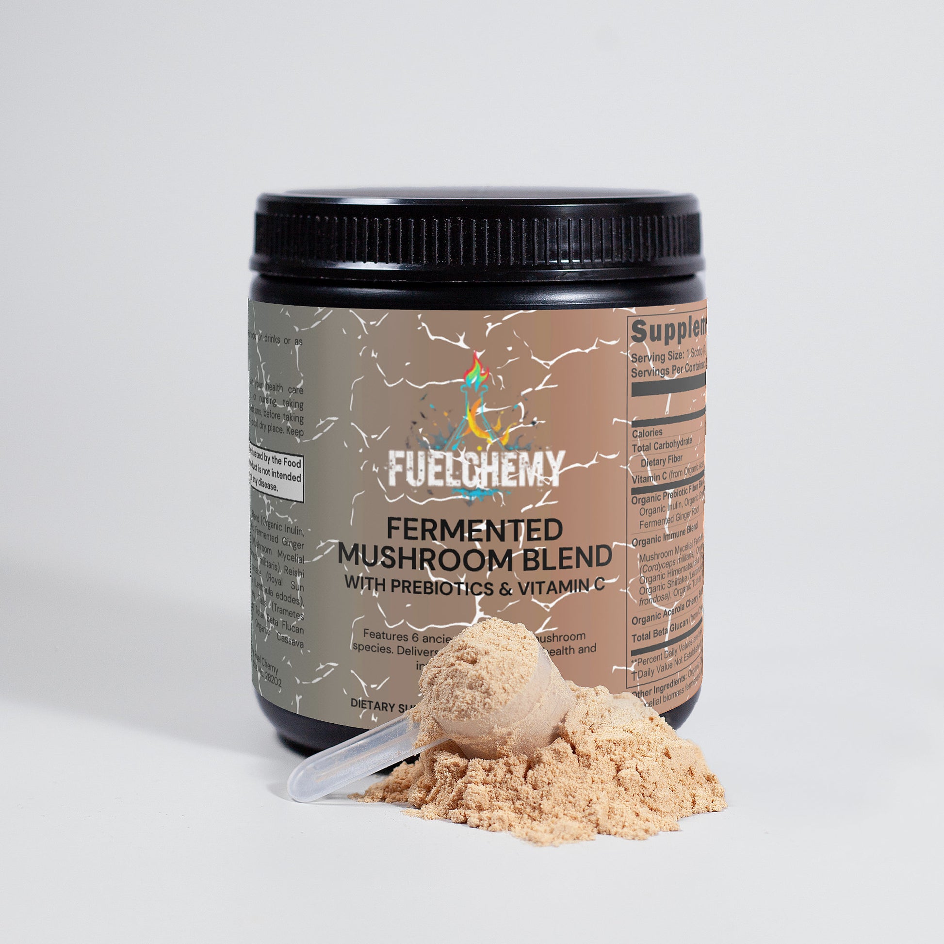 Fuelchemy Fermented Mushroom Blend powder with prebiotics and Vitamin C for gut health support