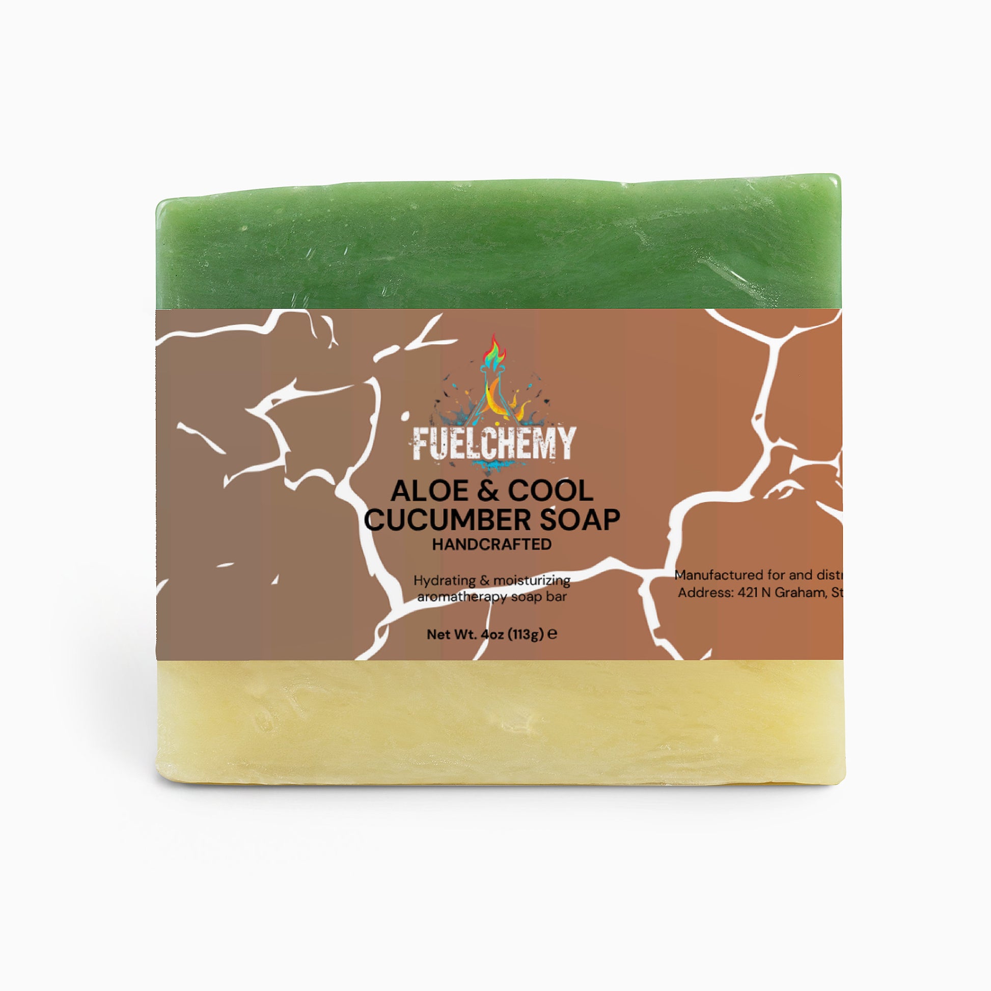 Fuelchemy Aloe and Cool Cucumber Soap in green and yellow, ideal natural aloe soap for skin hydration