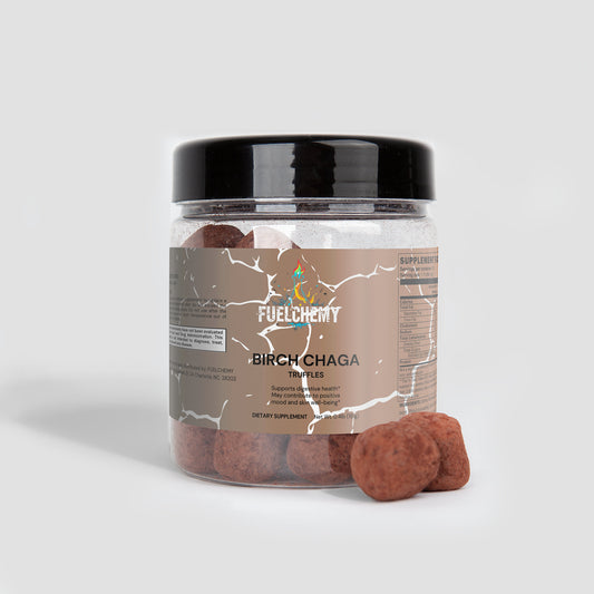 Fuelchemy Birch Chaga organic superfood truffles in a clear jar with a label featuring nutritional information