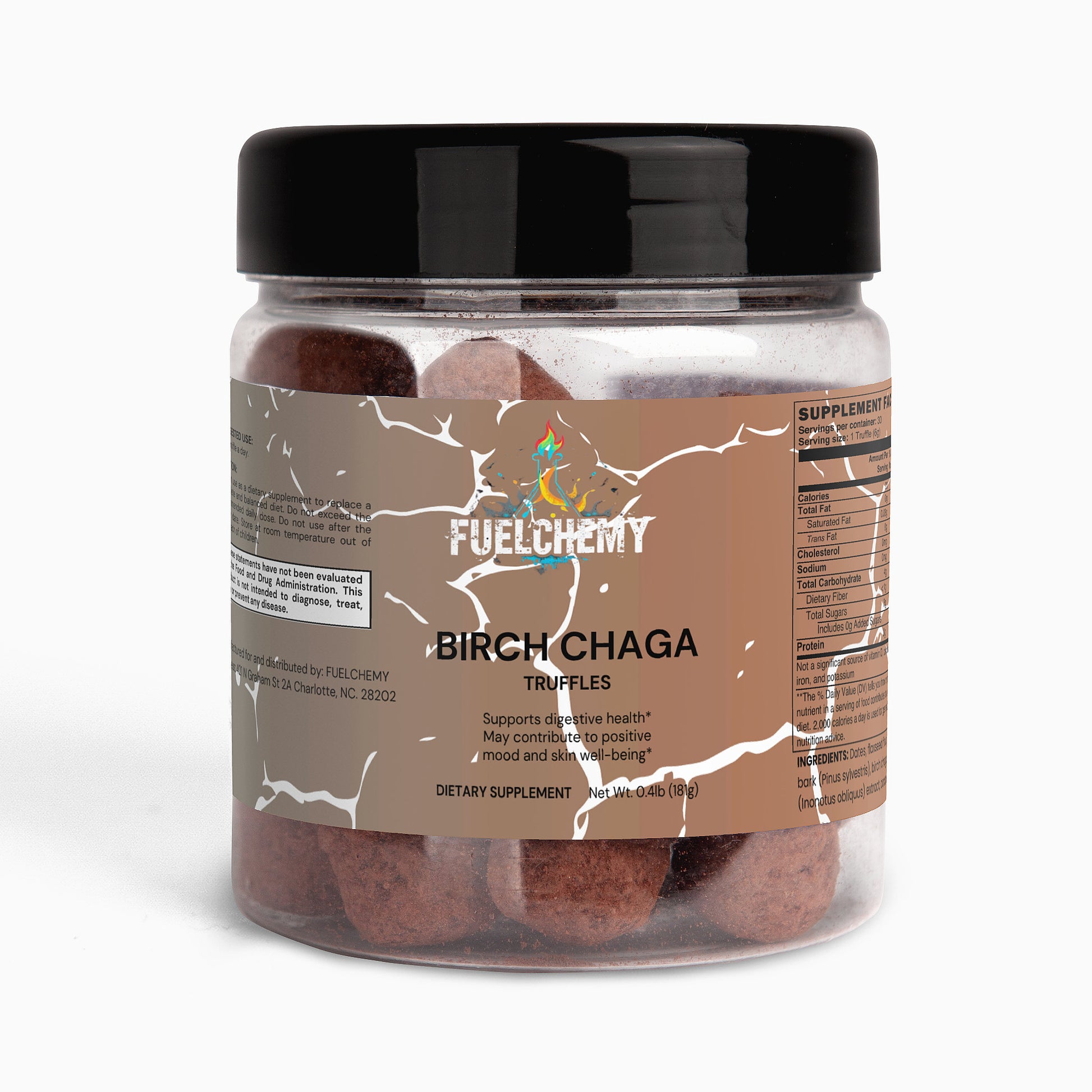 Fuelchemy Birch Chaga organic superfood truffles in a clear jar for enhanced wellness support